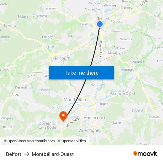 Belfort to Montbéliard-Ouest map