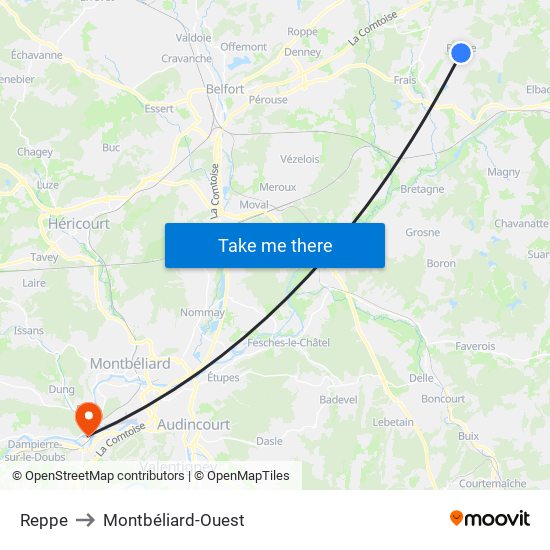 Reppe to Montbéliard-Ouest map