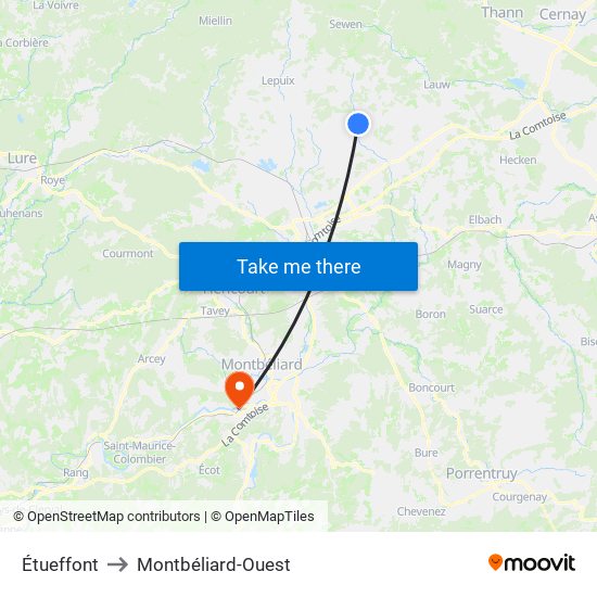 Étueffont to Montbéliard-Ouest map