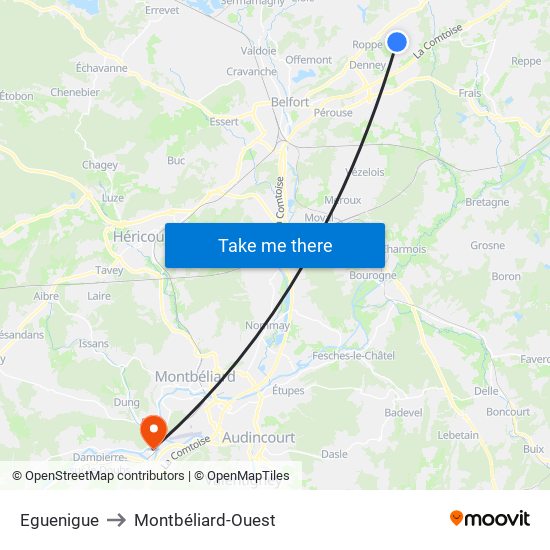 Eguenigue to Montbéliard-Ouest map