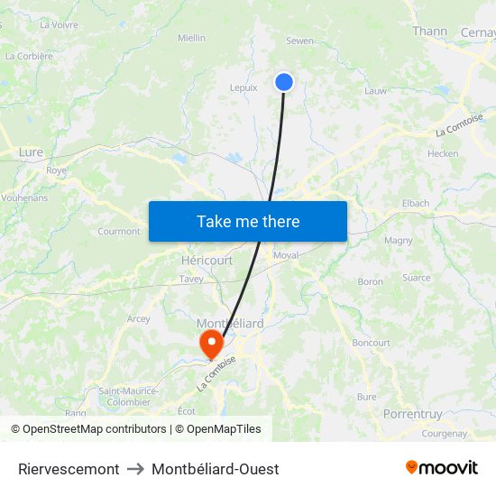Riervescemont to Montbéliard-Ouest map