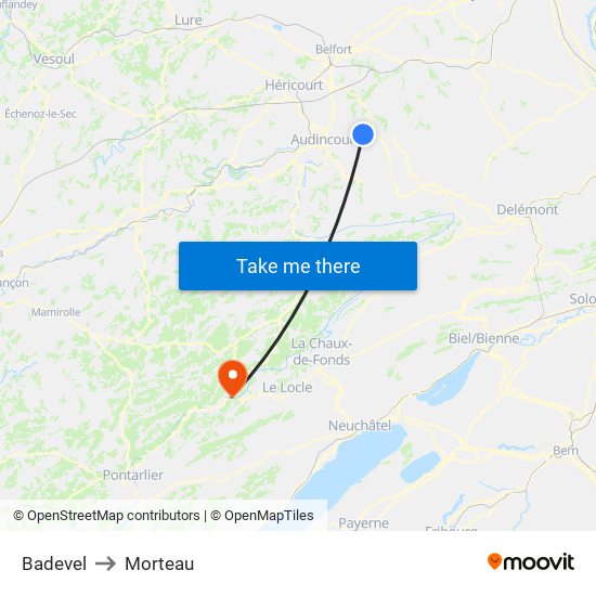 Badevel to Morteau map