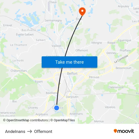 Andelnans to Offemont map