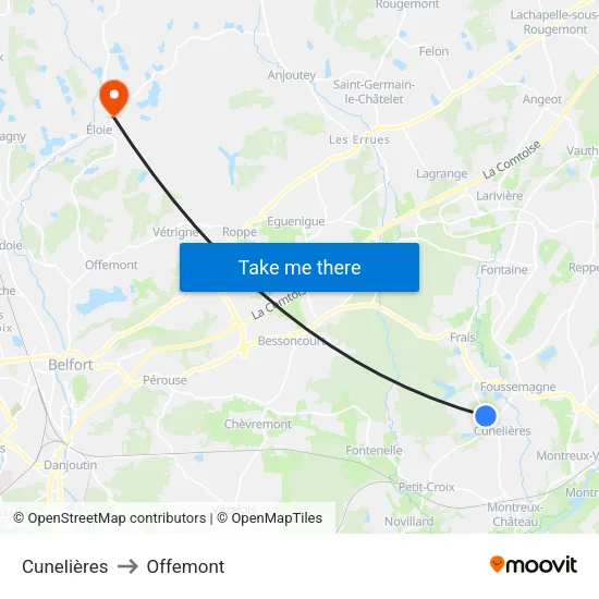 Cunelières to Offemont map