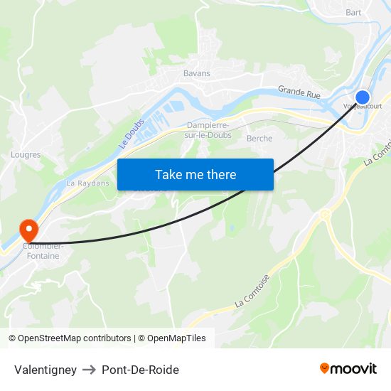 Valentigney to Pont-De-Roide map