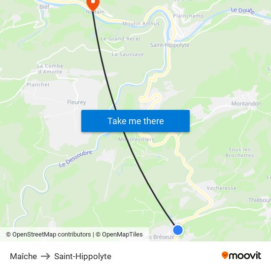 Maîche to Saint-Hippolyte map