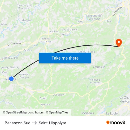 Besançon-Sud to Saint-Hippolyte map