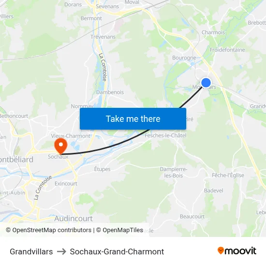 Grandvillars to Sochaux-Grand-Charmont map