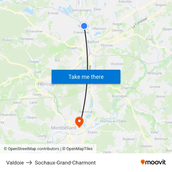 Valdoie to Sochaux-Grand-Charmont map