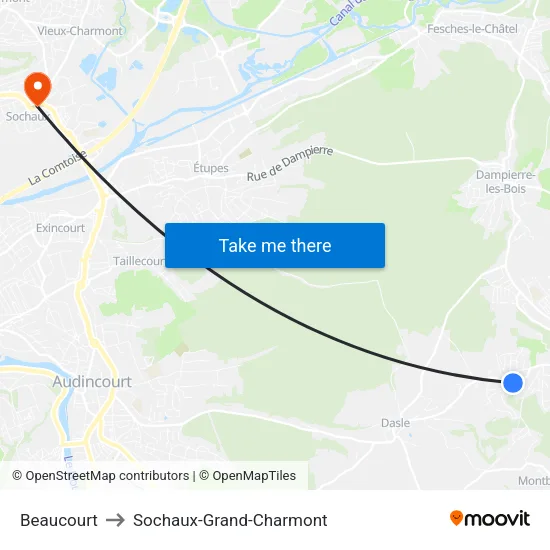 Beaucourt to Sochaux-Grand-Charmont map