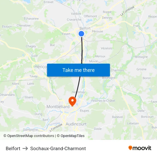 Belfort to Sochaux-Grand-Charmont map