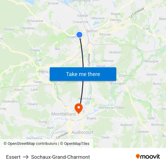 Essert to Sochaux-Grand-Charmont map