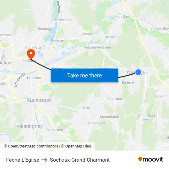 Fêche-L'Église to Sochaux-Grand-Charmont map