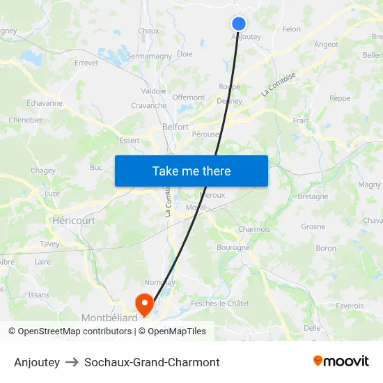 Anjoutey to Sochaux-Grand-Charmont map