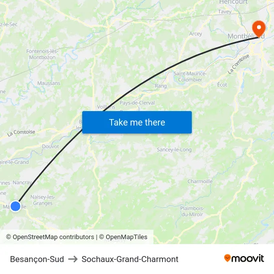 Besançon-Sud to Sochaux-Grand-Charmont map