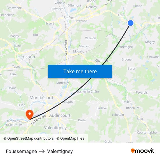 Foussemagne to Valentigney map