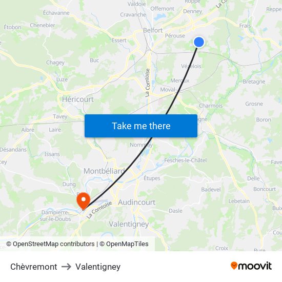 Chèvremont to Valentigney map