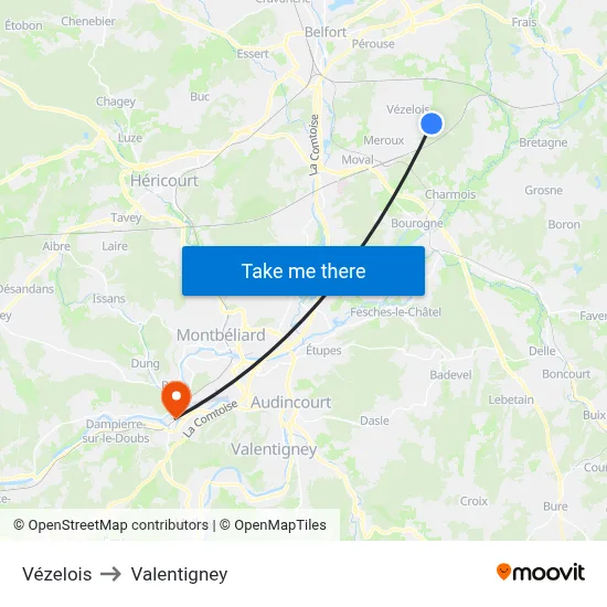 Vézelois to Valentigney map