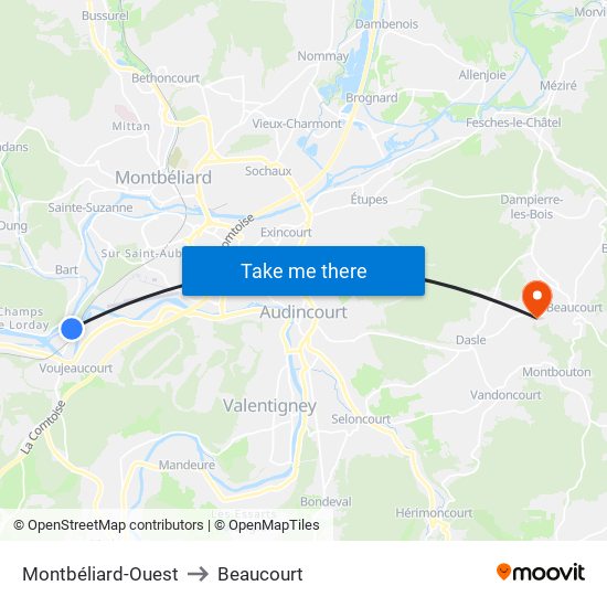 Montbéliard-Ouest to Beaucourt map