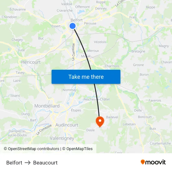 Belfort to Beaucourt map