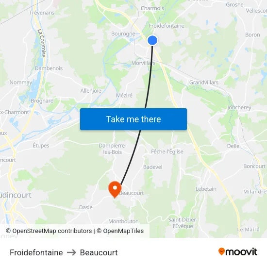 Froidefontaine to Beaucourt map