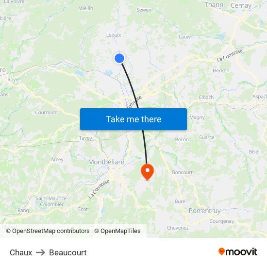 Chaux to Beaucourt map