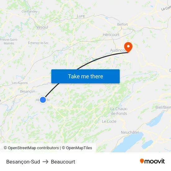 Besançon-Sud to Beaucourt map