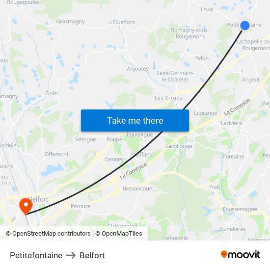 Petitefontaine to Belfort map