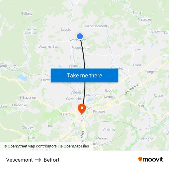 Vescemont to Belfort map