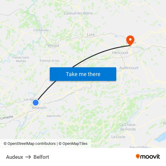 Audeux to Belfort map