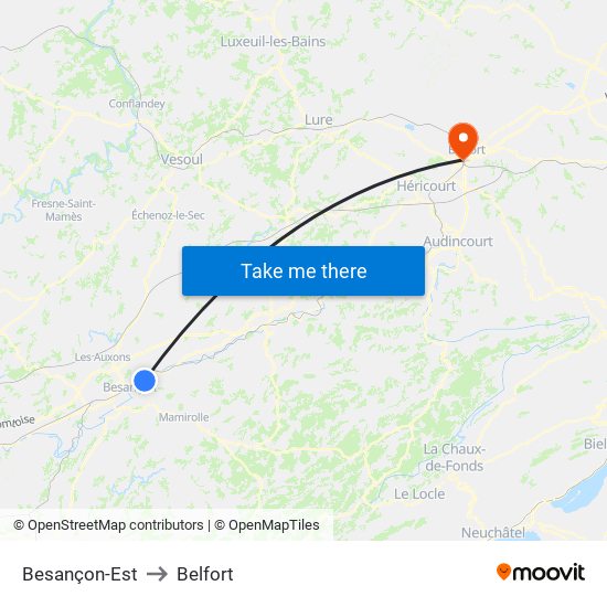 Besançon-Est to Belfort map