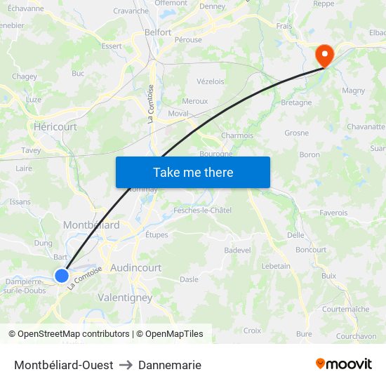 Montbéliard-Ouest to Dannemarie map