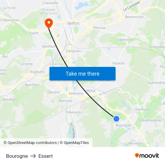 Bourogne to Essert map