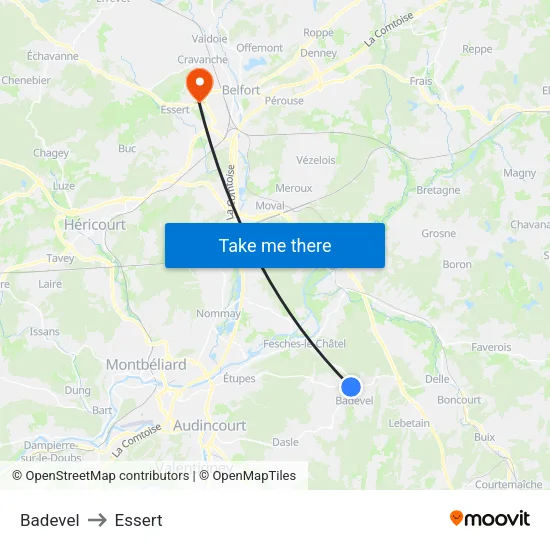 Badevel to Essert map