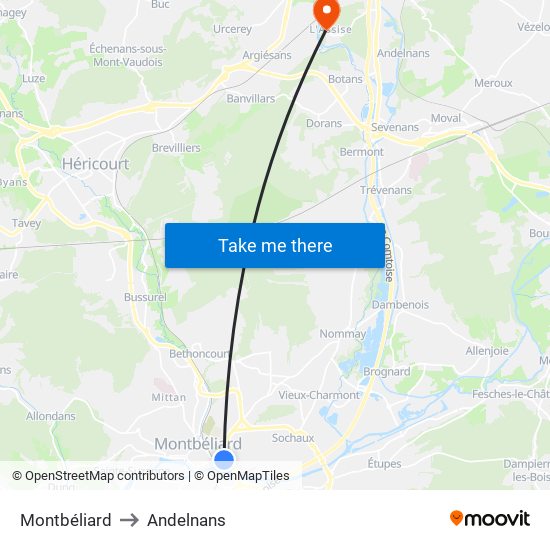 Montbéliard to Andelnans map