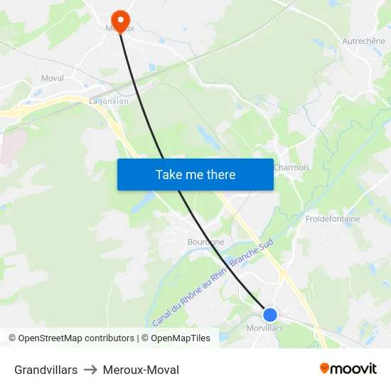 Grandvillars to Meroux-Moval map