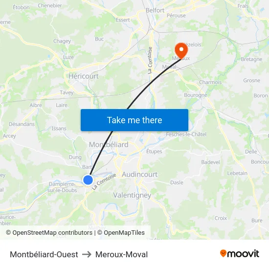 Montbéliard-Ouest to Meroux-Moval map