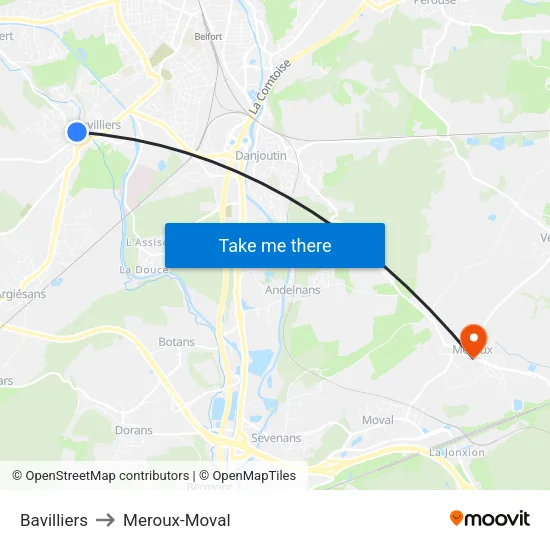 Bavilliers to Meroux-Moval map