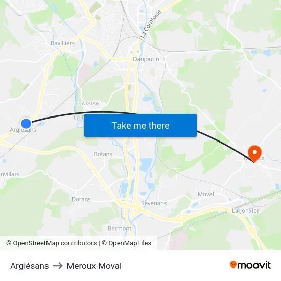 Argiésans to Meroux-Moval map