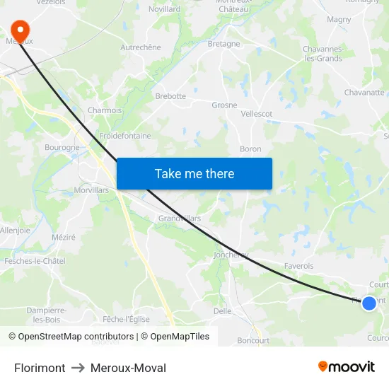 Florimont to Meroux-Moval map