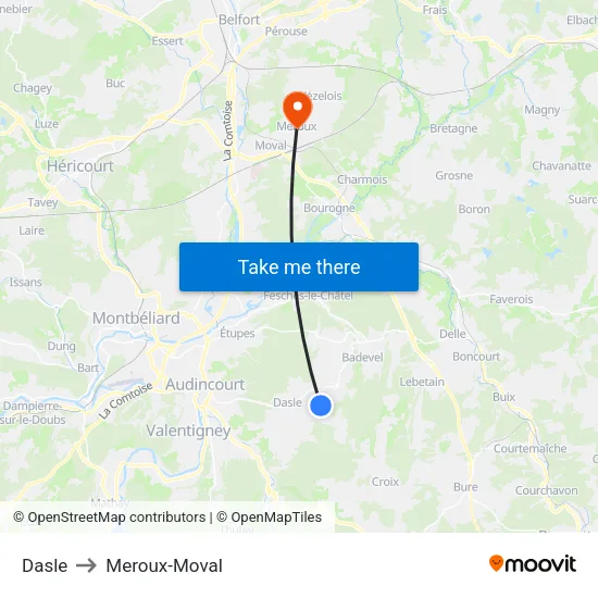 Dasle to Meroux-Moval map