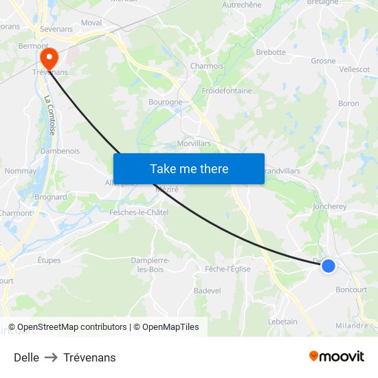 Delle to Trévenans map