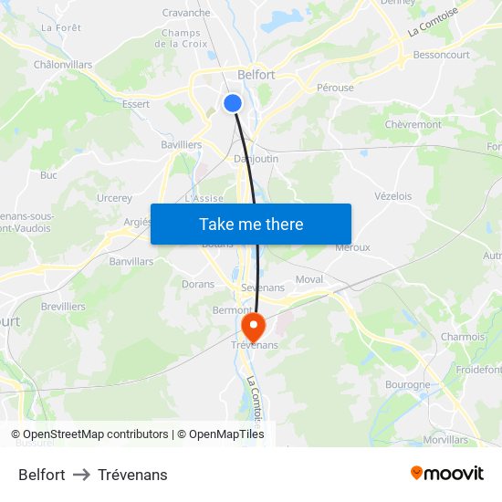Belfort to Trévenans map