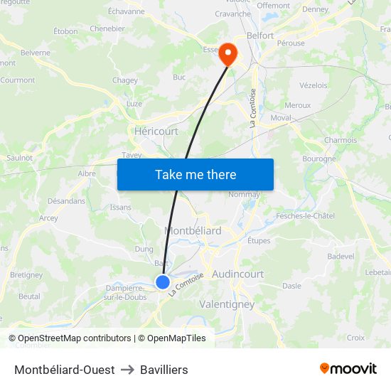 Montbéliard-Ouest to Bavilliers map