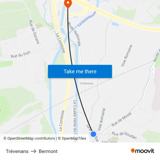 Trévenans to Bermont map