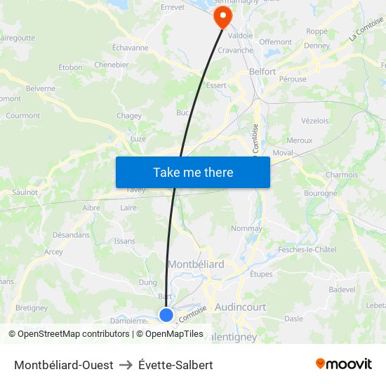 Montbéliard-Ouest to Évette-Salbert map