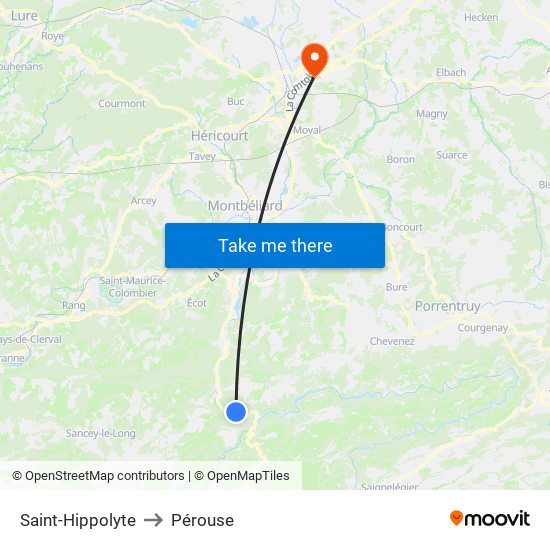 Saint-Hippolyte to Pérouse map