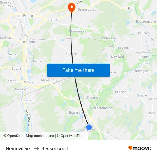 Grandvillars to Bessoncourt map