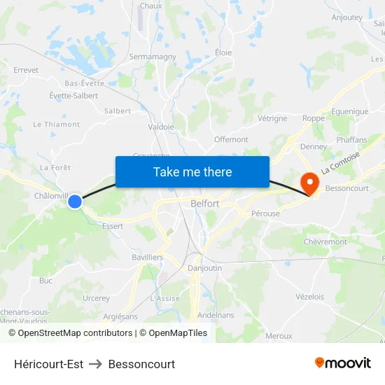 Héricourt-Est to Bessoncourt map