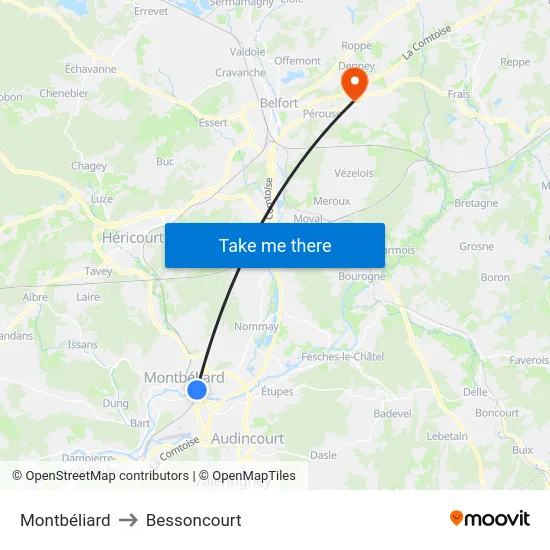 Montbéliard to Bessoncourt map
